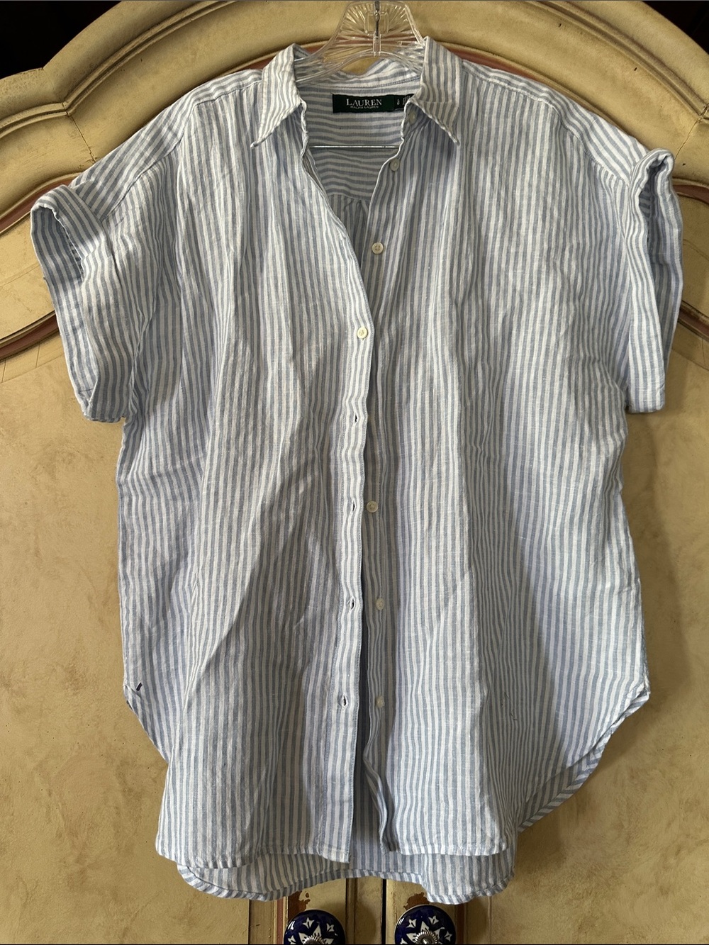 Ralph Lauren Blue & White Striped Short-Sleeve Button-Down Shirt size Large